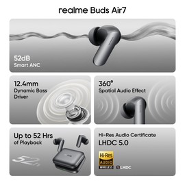 realme Buds Air 7, 12.4mm Dynamic Bass Drivers, 52Hrs Playtime, 52dB Hybrid ANC, 6 Mic ENC, 45ms Low Latency, 360° Spatial Audio, Hi-Res LHDC, IP55 Dust & Water Resistant, BT v5.4 - (Gray)