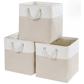 Mangata 25 x 25 x 25 cm Fabric Storage Box, Storage Basket for Organising Clothes and Toys, Boxes for Cupboard, Shelf (Light Beige/White, Pack of 3)