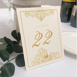 Documents and Designs Peacock Flourish Wedding Table Numbers (Select Color/Quantity), Champagne, Gold, 1-30, Double Sided, Tent or Use in a Stand, Great for Parties & Restaurants - Made in The USA