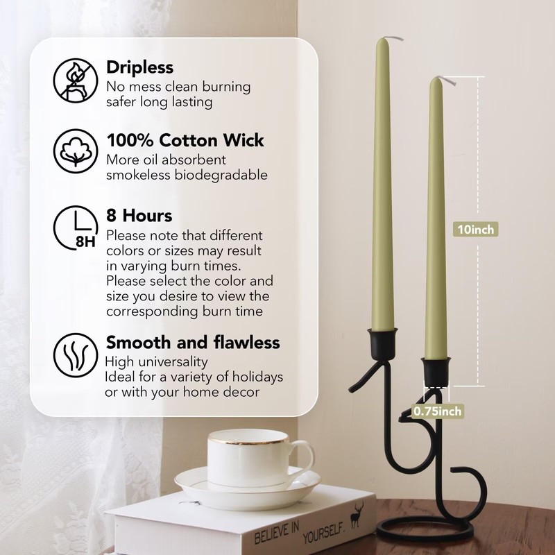 Pickood 10-Inch Tall Dripless Taper Candles Set of 4 -