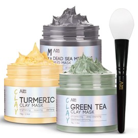 ANAI RUI Juego de 3 mascarillas faciales – Máscara de arcilla de cúrcuma – Máscara facial de té verde – Máscara de barro del Mar Muerto para piel gras