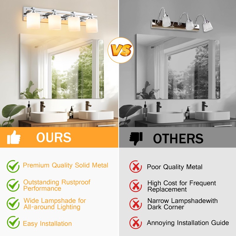BrkNit 4 Light Modern Bathroom Light Fixtures Over Mirror, Chrome