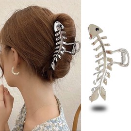 Fishbone Hair Clips Claw Non-Slip Fish Shaped Hair Claw Clips for Women and Girls - Big Metal Fishbone Hair Jaw Clamps for Secure Hair Styling and Accessories (Silver Fishbone)