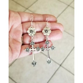 Handmade Rose Cross Earrings, Large Cross Earrings, Sterling Silver Cross Earrings Dangle