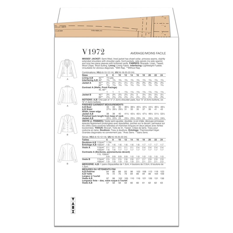 Vogue Ladies Sewing Pattern Set Semi Fitted Lined Jacket Design