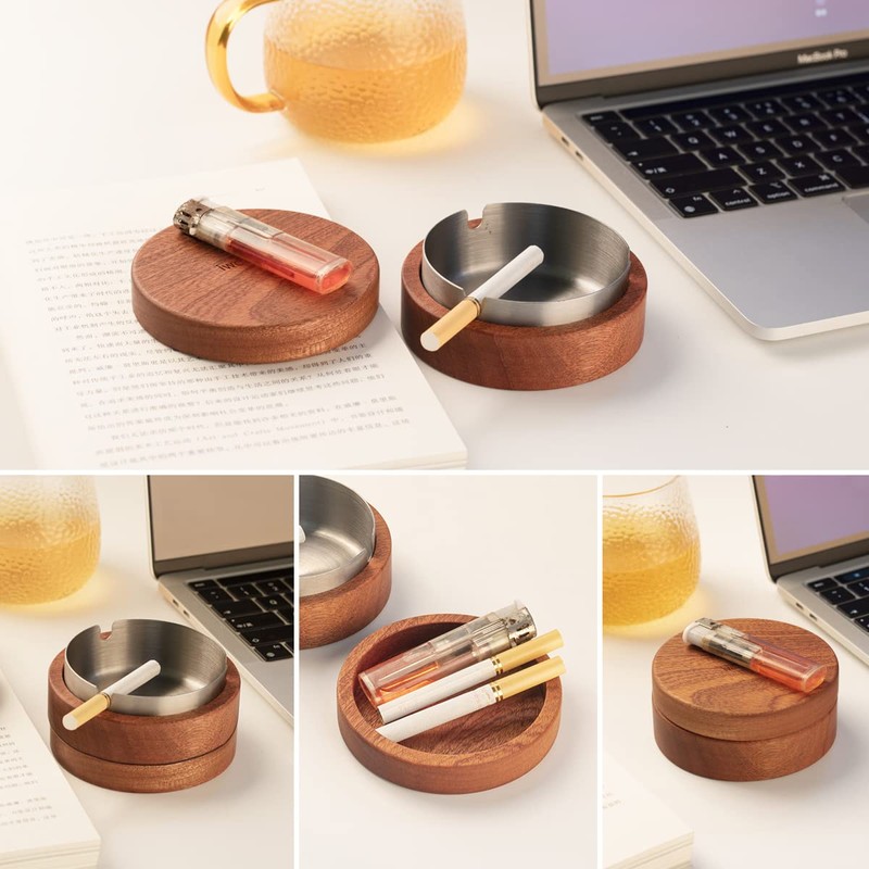 Ashtray with Lid, Stylish, Combined with Wooden and Stainless Steel,