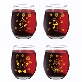 Jogskeor Set of 4 Christmas Wine Glass,Christmas Gift Snowman Santa Claus Stemless Wine Glasses for Friends Dad Mom Women Men Christmas New Year Wedding Party Winter Holiday Party, Gold, 15 Oz