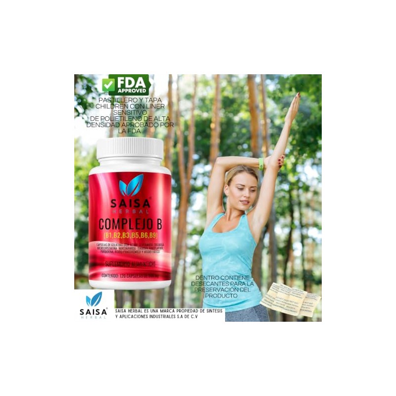 Complejo B 120 Cápsulas de 500 mg Vitaminas (B1+B2+B3+B5+B6+B9) SAISA
