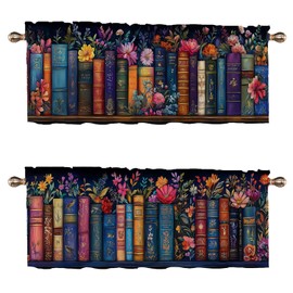Bookshelf Kitchen Curtains Set of 2 Educational Bookcase Watercolor Flowers Rod Pocket Decorative Small Window Curtains Valance for Cafe Living Room Bathroom Window Treatment Valances 54x18 inch