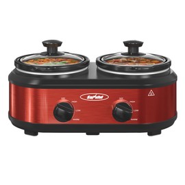 Sunvivi Double Slow Cooker,2 Pot Small Mini Crock Buffet Servers and Warmer,Dual Pot Oval Manual Slow Cooker with Adjustable Temp Removable Ceramic Pot,Stainless Steel, Total 2.5 Quarts Red