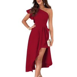 Dokotoo One Shoulder Dresses for Women Elegant Ruffle Empire Waist Asymmetrical Hi-Lo Hem Solid Zipper Up Bodycon Party Wedding Guest Midi Semi Formal Dresses Red Medium
