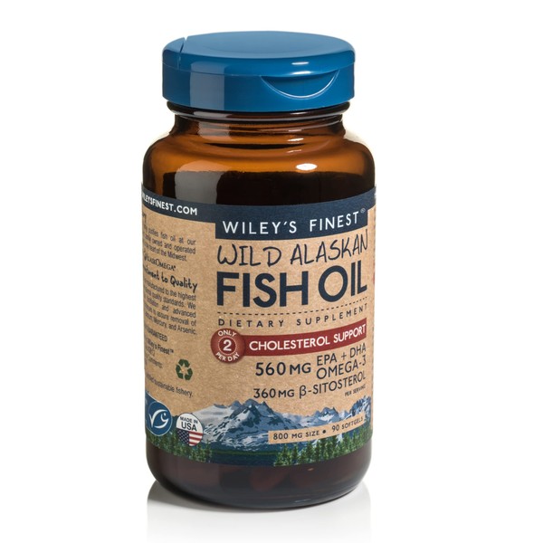 Wiley's Finest Wild Alaskan Fish Oil Cholesterol Support - Heart Health Supplement for Men and Women - 530mg Omega-3s - 90 Softgels (45 Servings)