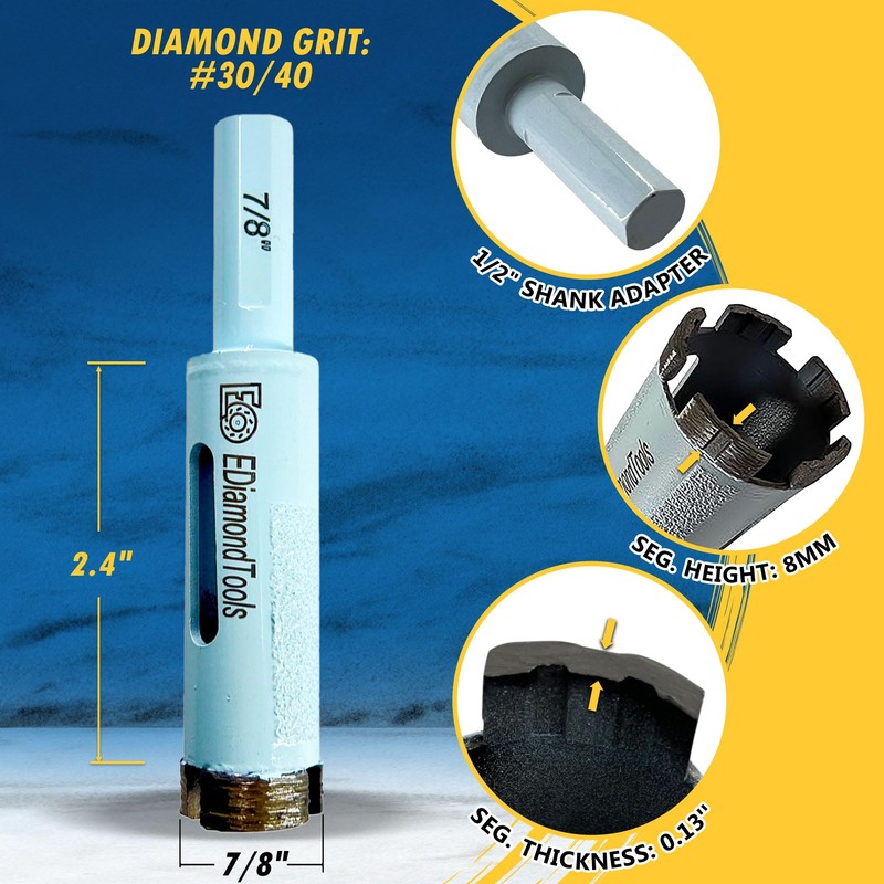 7/8" High Performance Diamond Core Bit for Natural/Engineered Stones, 2.4"