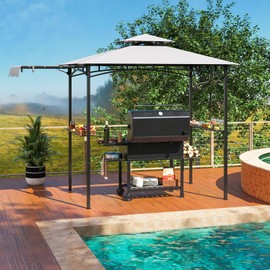 Tangkula 11x5 FT Grill Gazebo with Side Awning, 2-Tier Barbecue Gazebo with 2 Shelves, 12 Hanging Hooks, Bottle Opener, Outdoor Grill Canopy for Backyard Garden Poolside (Grey)