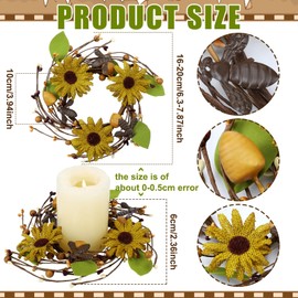 FineCheer 2 Pcs Retro Sunflower Spring Candle Wreaths 6 Inch Candle Rings with Iron Bee Honeycomb Pip & Leaf Pillar Candle Wreaths for Holiday Kitchen Home Table Centerpiece Indoor Outdoor Display