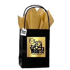 Black & Gold 64th Birthday/Anniversary Cheers Themed Small Party Favor Gift Bags with Tags -12pack