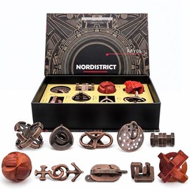10Pcs Vintage Metal Wood Brain Teaser Puzzle Set,Interlocking 3D IQ Logic Game with Magnetic Gift Box,Difficulty 2.5-6 Desk Decor Gift for Adults Teen