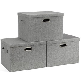 Graciadeco Large 17" 36 Quart Collapsible Stackable Storage Bins with Lids, 3 Packs Grey Linen Fabric Closet Boxes with Lids, Storage Cube Baskets Container Organizers for Bedroom Office(17 x12 x11)