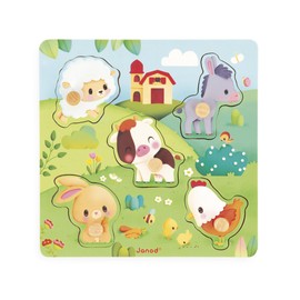 Janod - Tactile Wooden Puzzle 5 Pieces - Farm Theme - Textured Recessed Puzzle - Educational Toys - Touch, Fine Motor Skills and Concentration - From 18 Months, J07129, Green