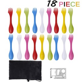 18 Pack Sporks - Spoon, Durable & BPA Free Tritan Sporks, Spoon Fork & Knife Combo Utensils with Portable Strong Waterproof Bag and Stainless Multifunctional Bottle Opener for Camping Outdoor, 6 Color