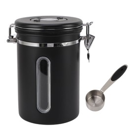 Coffee Canister 1800ml 304 Stainless Steel Window Design One Way Vent with Spoon Airtight Coffee Container for Coffee Bean Matte Black