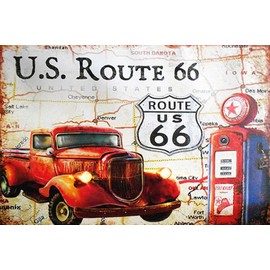 AGDeko® Wooden Sign 12 x 18 cm Retro US Route 66 Vintage Car Petrol Station for Hanging or Standing Room Decoration