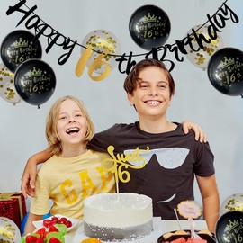 RichMoho Girls Boys Happy 16th Birthday Banners Black Men Women 16th Birthday Banner Bunting Black Gold Including 12 Pack 12” Latex Printed Balloons Women Men 16 Birthday Decorations Supplies