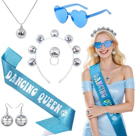 6Pcs Dancing Queen Party Decorations Set, Disco Bachelorette Party Decorations Blue Queen Sash Heart Fashion Sunglasses Headband Earrings Necklace and Ring for Women Girls Disco Birthday Accessories