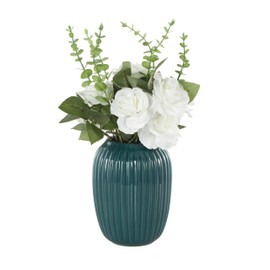 Deco 79 Fabric Artificial Flower with Green Leaves and Round Ceramic Vase, 10" x 10" x 17", White
