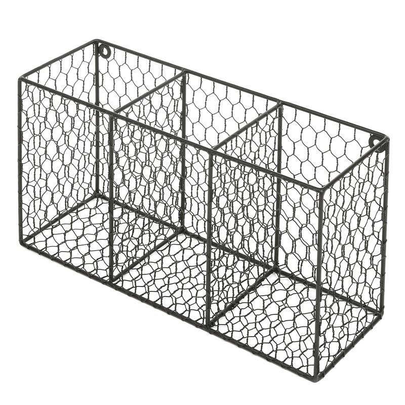 MyGift 3 Compartment Rustic Chicken Wire Kitchen Utensil Holder, Black