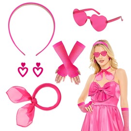 Meleager 90s Accessories Outfit Women, Pink Headband Earrings Mesh Gloves, Heart Sunglasses Neckerchief, 80s Pink Costume Accessories for Fancy Dress, Costume Party