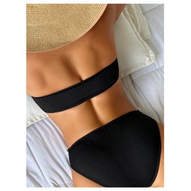 GORGLITTER - Traje de baño de bikini floral en 3D sin mangas, bandeau de cintura alta para mujer, Negro1, Large