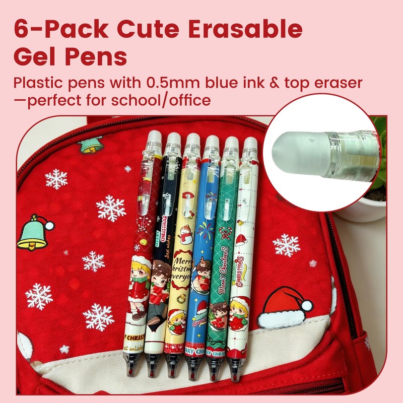 Christmas Erasable Pens 6-Pack – Cute Retractable Gel Pens with