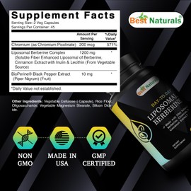 Best Naturals Day to Day Liposomal Berberine 1200 mg with Bioperine 90 Veg Capsules - Made with Fiber Enhanced Chromium, & Cinnamon Extract & Bioperine.