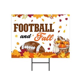 Fall and Football Yard Sign, Harvest Fall Autumn Decor, Football Leaves Pumpkins Thanksgiving Yard Outdoor Decor with Metal H-Stake, VP3585