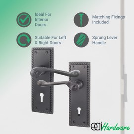 EAI Matt Black Georgian Scroll Door Handle Key Lock Set - 1 Pair Internal Lever Lock Handles, Lock 64mm & Keys - Rope Design