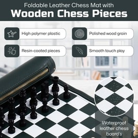 Roll Up Chess Set - 11" Foldable Leather Chess Mat with Wooden Chess Pieces - Portable Travel Chess Set with Straps - Perfect Chess Game for Airplane, Camping, and More (Green/White)