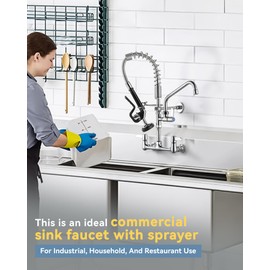 Commercial Kitchen Faucet Wall Mount: with Pre-Rinse Sprayer - ARCORA Industrial Restaurant 21" Height 8'' Center Compartment Sink Faucet with 10" Add-on Swing Faucet Chrome