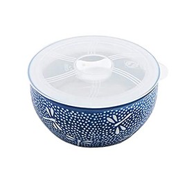 Happy Sales HSMBP-06DGF, 24 oz Microwavable Ceramic Bowl With Lid 6"D Food Prep Bowls Food Storage Bowls Meal Planning Bowls, Blue Dragonfly