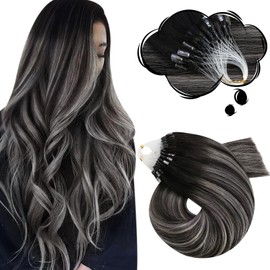 Moresoo Silver and Black Micro Link Hair Extensions Balayage Natural Black to Silver Hair Extensions Micro Loop Remy 50g/50s 14 inch