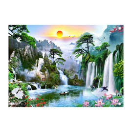 CYYBZZ 7X5FT Chinese Style Landscape Photography Backdrop Waterfall Mountain with Lotus Flowers Scene Photo Background Adult and Child Photography Props 213037