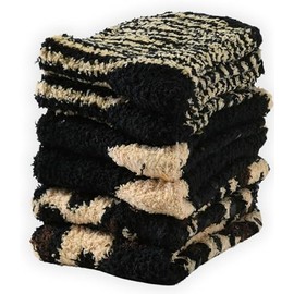 Tipi Toe Women's 3 Pairs Cozy Microfiber Anti-Skid Soft Leopard Solid Stripes Patterned Black Brown Colored Fuzzy Crew Socks, FZ26-A-T1