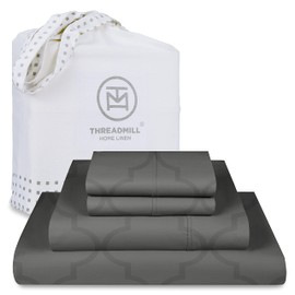 Threadmill Cotton Queen Sheet Set | 100% Cotton Sheets for Queen Size Bed | Damask Jacquard Queen Bed Sheets Set with 16” Deep Pocket | Soft Sateen Weave 4-Piece Cooling Bedding Set | Dark Grey