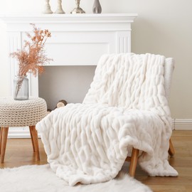 BATTILO HOME Cream Faux Fur Throw Blanket, Double Side Ruched Rabbit Fur Blanket for Couch, Bed, Super Soft Cozy Fuzzy Mink Blanket, 50"x60"(Ivory)