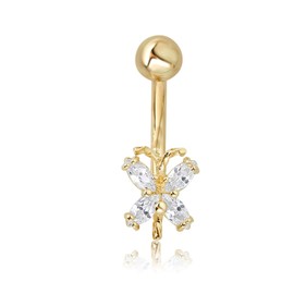 AVORA 10K Yellow Gold Simulated Diamond CZ Butterfly Belly Button Ring Body Jewelry (14 Gauge)