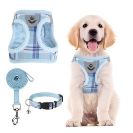 PUPTECK Adjustable Pet Harness Collar and Leash Set for Small Dogs Puppy and Cats Outdoor Training and Running with Classic Beige Plaid Pattern