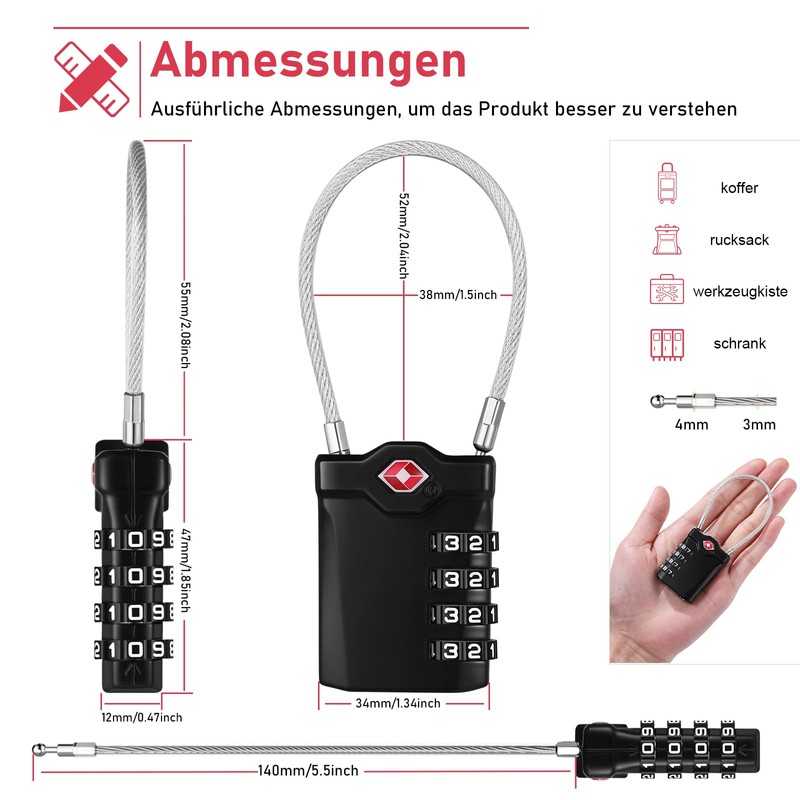 NAGE TSA Suitcase Lock, Lock with Combination Code, 4 Digit,