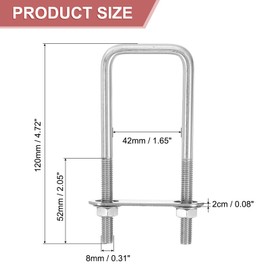 sourcing map 2Sets 304 Stainless Steel Square U-Bolts, 1.65" (42mm) Inner Width 4.72" (120mm) Length M8 with Nuts, Frame Plate, Gasket for Automobiles Trailer, Ski Boat, Fishing Boat, Pipelines