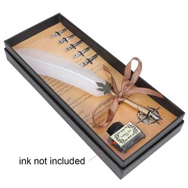 Calligraphy Nib, Antique Feather Quill Set, Retro Metal Calligraphy Set with 5 Stainless Steel Tips and Packing Box (White)