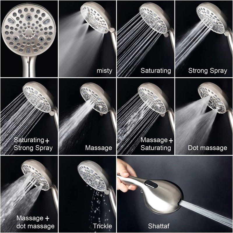 High Pressure Handheld Shower Head, 10-Setting Showerhead, 4.7”Detachable Showerhead Set